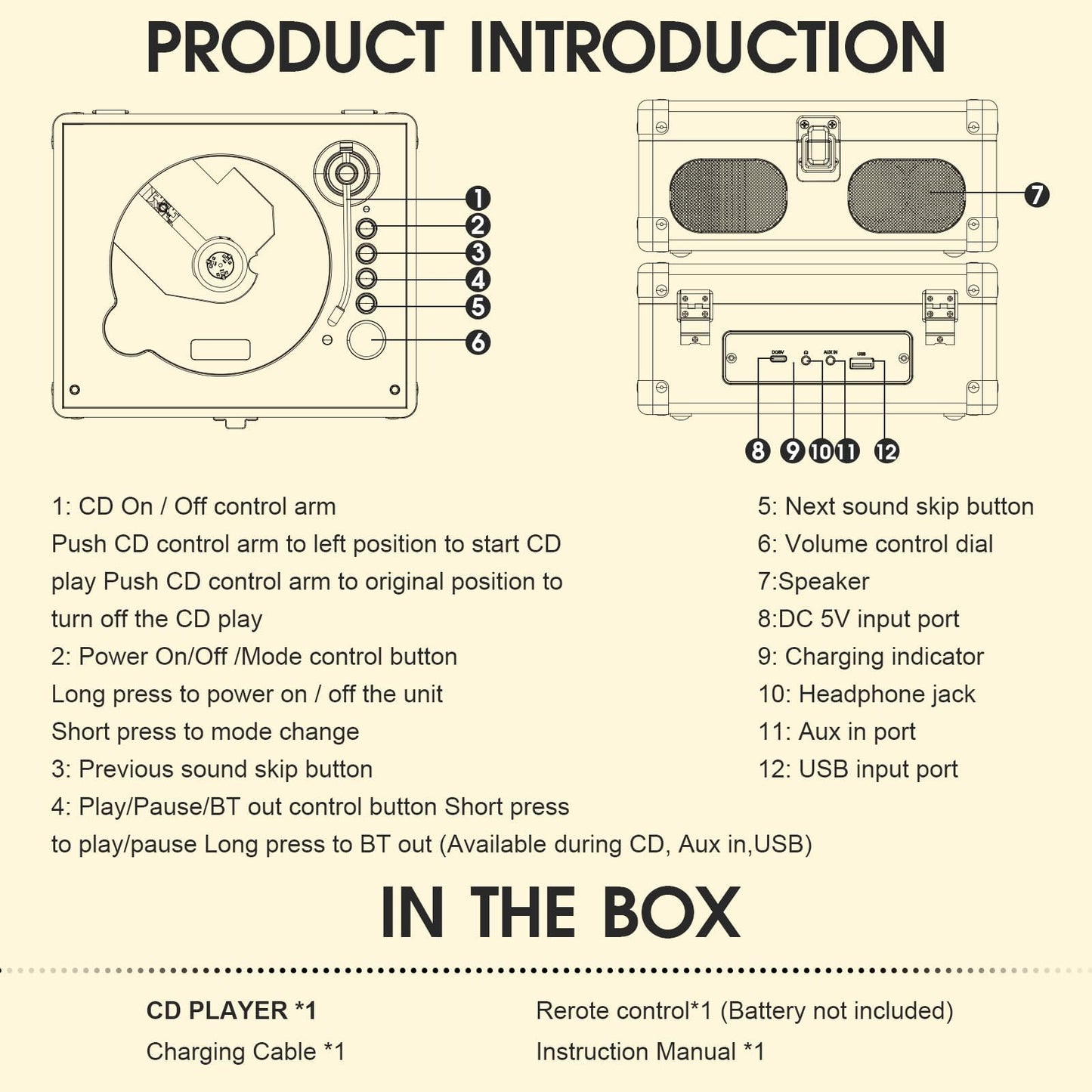 RetroAudio CD Player with Speakers Retro Portable CD Players for Home Music Player with Remote Control,V5.4 Bluetooth in&Out Desktop Suitcase CD Player with AUX in, Headphone Jack,USB Playback,Black