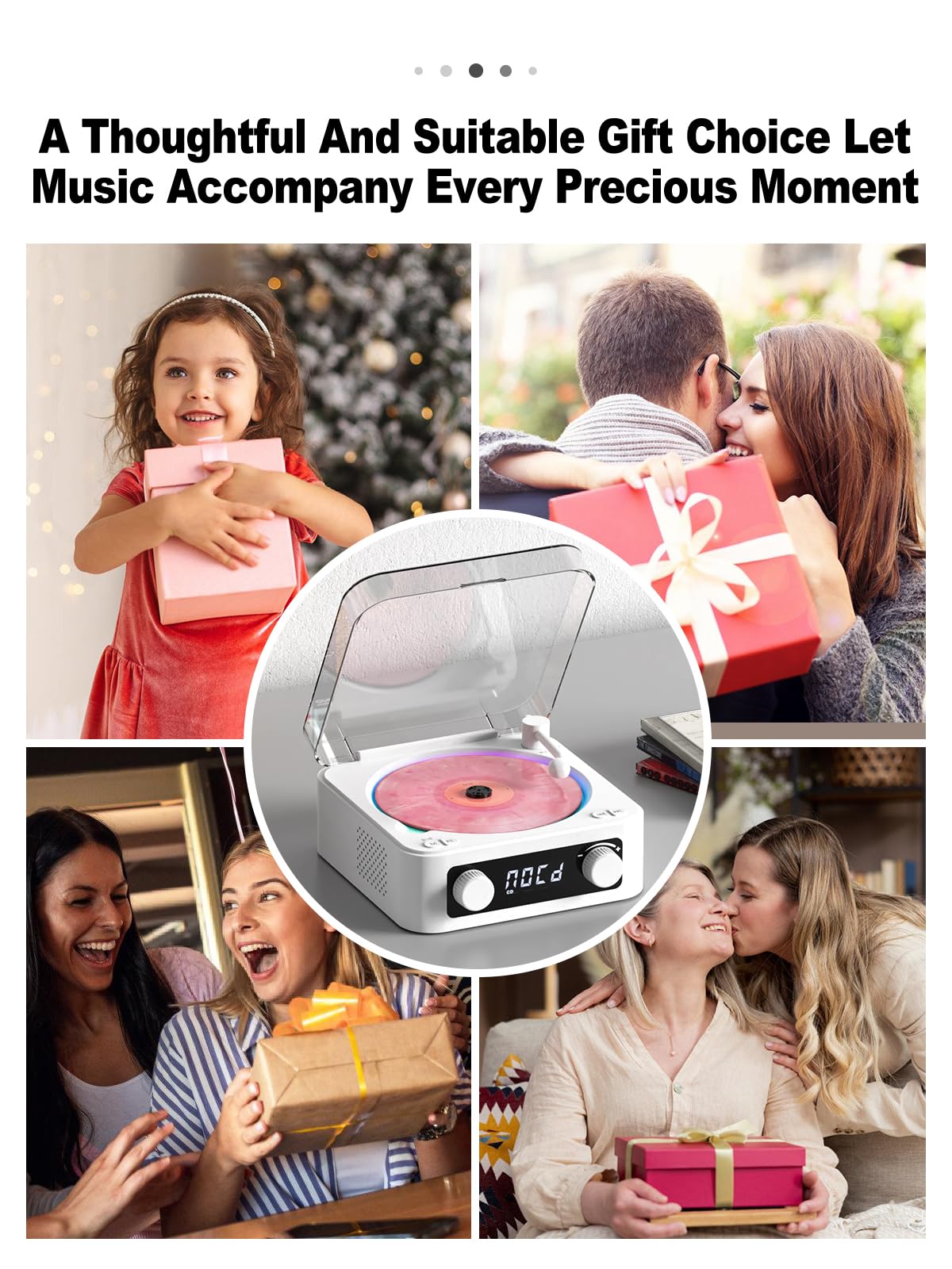 CD Player with Built-in Speakers Portable Bluetooth Input&Output Desktop CD Players for Home with Screen Display, Ambient Lighting, FM Radio, White Noise Mode, Remote Control, USB Type-c (White)