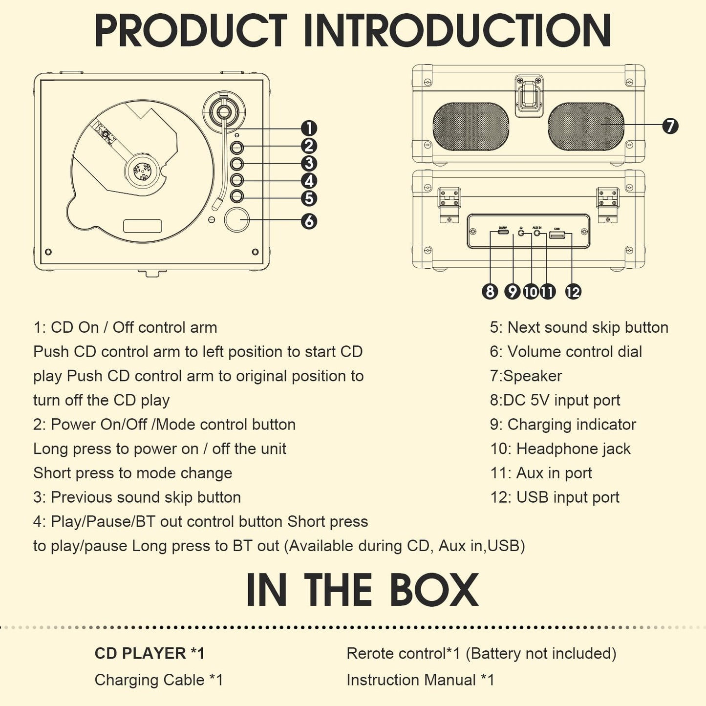 RetroAudio CD Player with Speakers Retro Portable CD Players for Home Music Player with Remote Control,V5.4 Bluetooth in&Out Desktop Suitcase CD Player with AUX in, Headphone Jack,USB Playback,White