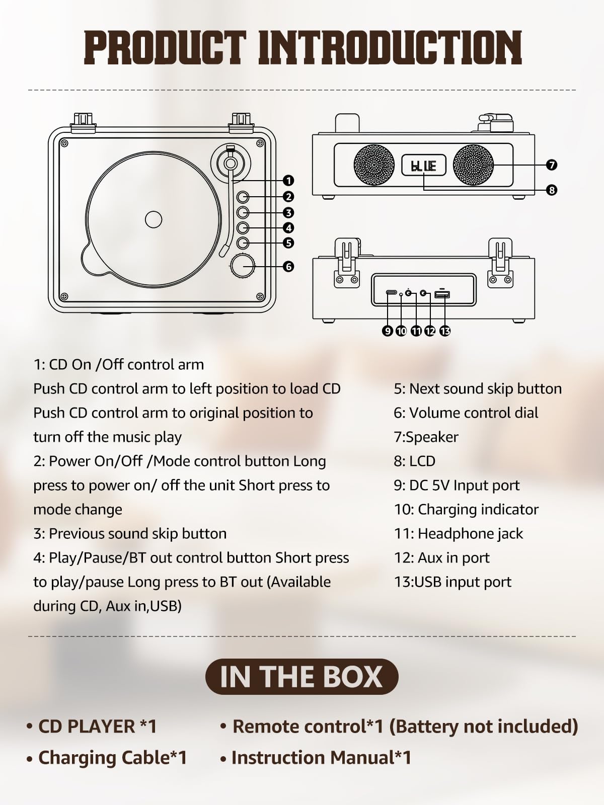 CD Player with Built-in Speakers Bluetooth Retro Portable CD Players for Home Music Player with Remote Control Headphone Jack (Walnut Brown with LCD Screen)