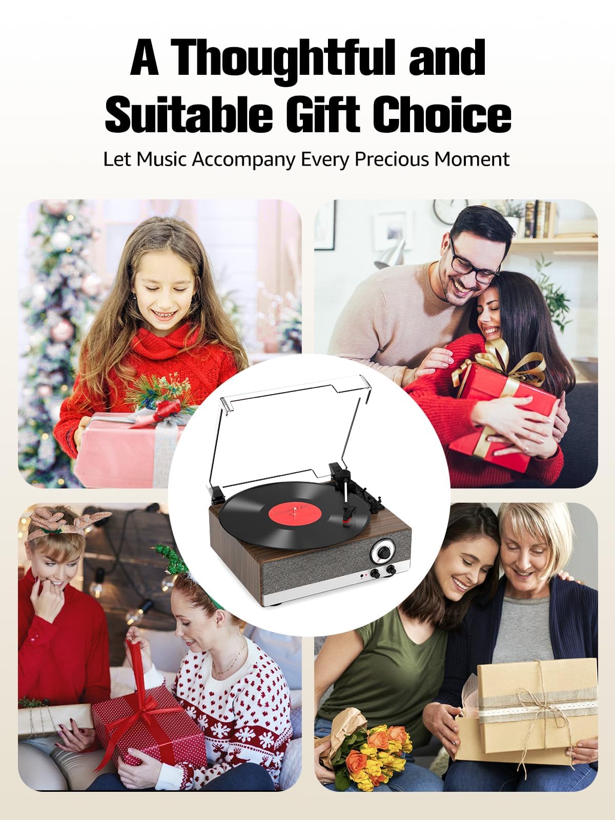 7-in-1 Vinyl Record Player with Built-in Speakers Bluetooth in & Out Belt Drive 3-Speed Turntables for Vinyl Records Support AM/FM Radio, Pitch Control & RCA Line Out & Auto Stop, Walnut