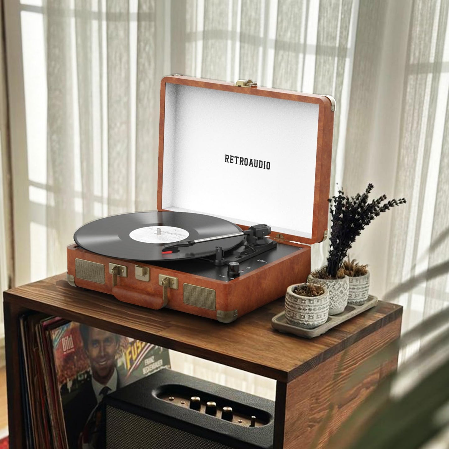 Vinyl Record Player 3-Speed Bluetooth Portable Suitcase Records Player with 2 Built-in Stereo Speakers, Belt-Driven Turntable for Vinyl Records, Support RCA Line Out, AUX Out (Brown)