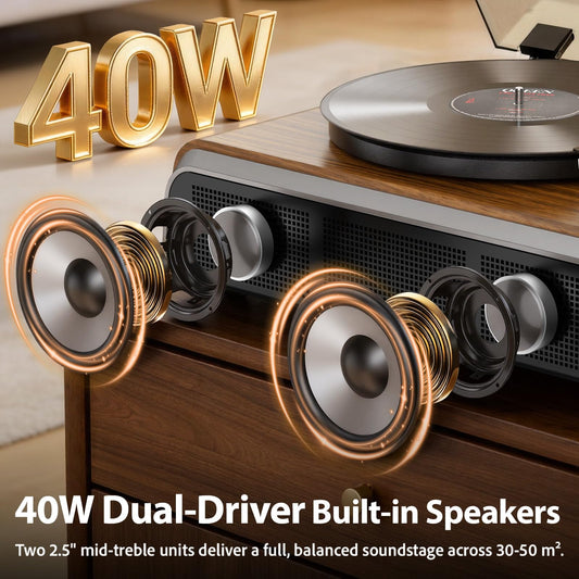 Vinyl Record Player High-Fidelity Bluetooth Turntable, Enhanced Bass Record Player with Speakers Magnetic Cartridge BT5.3 Playback RCA Out Aux in Belt-Drive 33/45RPM