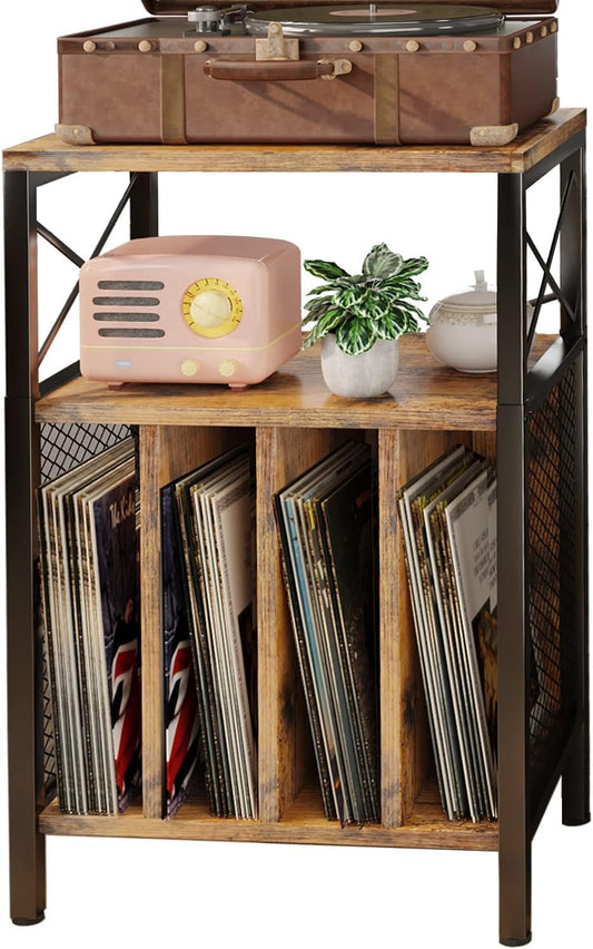 3-Tier Vinyl Record Player Stand with Storage, Holds Up to 200 Albums, Adjustable Foot, Mid-Century Modern Design for Living Room, Bedroom, Office
