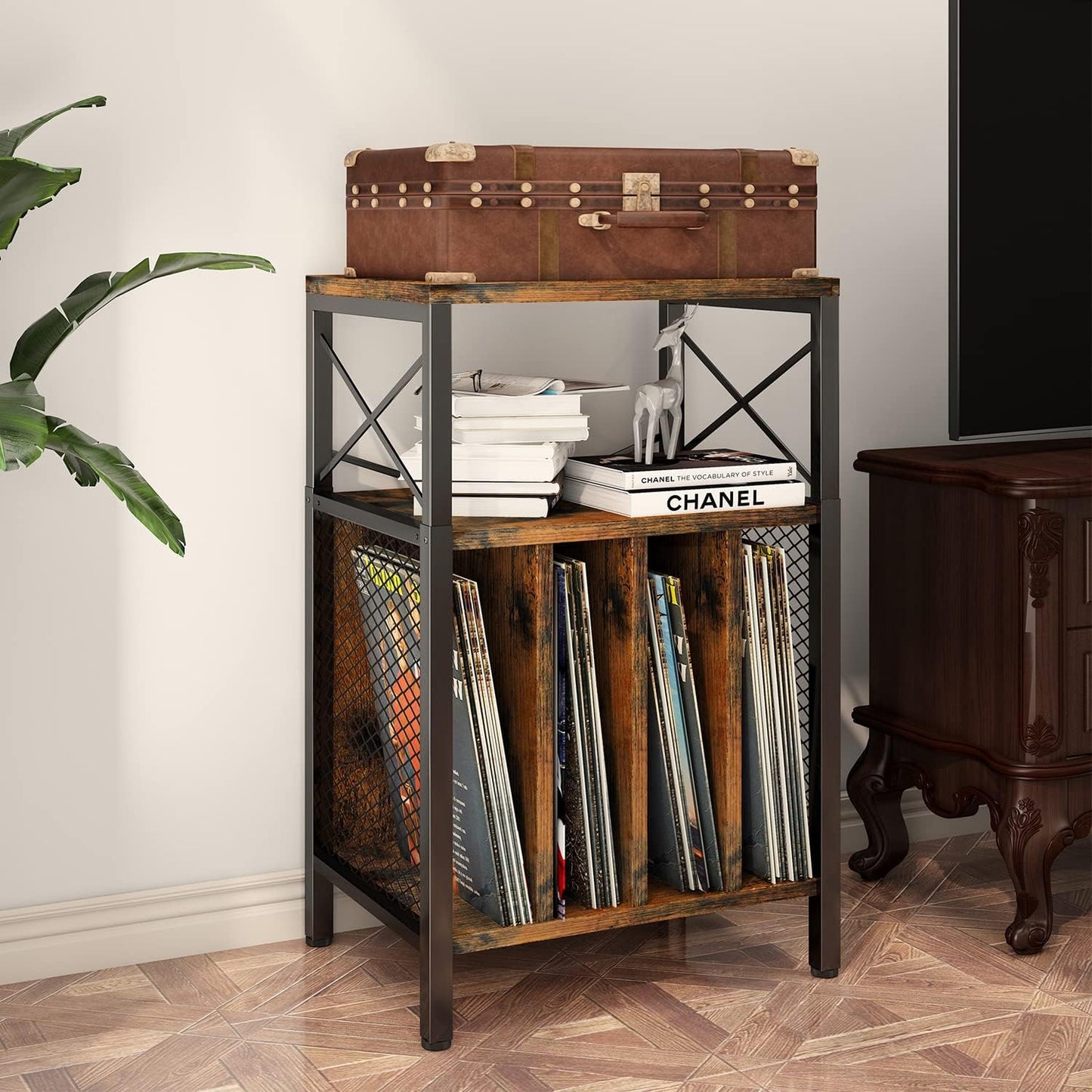 3-Tier Vinyl Record Player Stand with Storage, Holds Up to 200 Albums, Adjustable Foot, Mid-Century Modern Design for Living Room, Bedroom, Office
