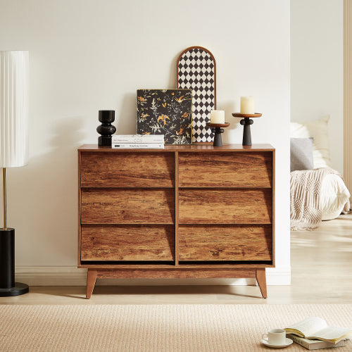 6 Drawer Double Dresser with Vintage Bevel Design – Bedroom & Living Room Storage Organizer, Brown