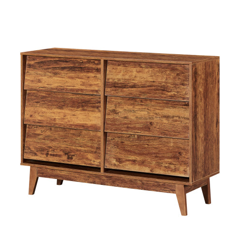 6 Drawer Double Dresser with Vintage Bevel Design – Bedroom & Living Room Storage Organizer, Brown
