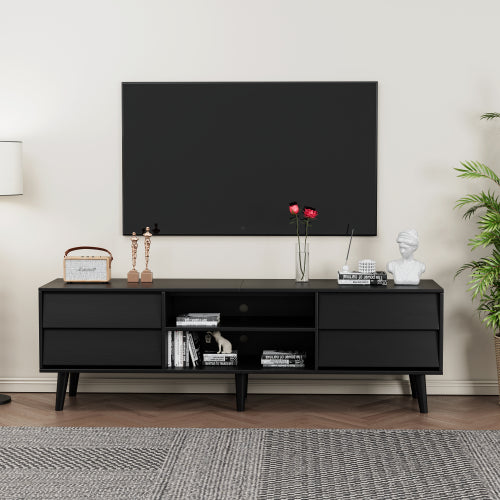 63-Inch Vintage-Style TV Stand with Drawers & Bevel Design, Black MDF Media Console