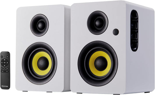 4” HiFi Bookshelf Speakers | 80W Active Studio Monitors with Bluetooth 5.4, Optical, Coaxial, TRS, AUX, USB DAC, MDF Cabinet, Remote – White