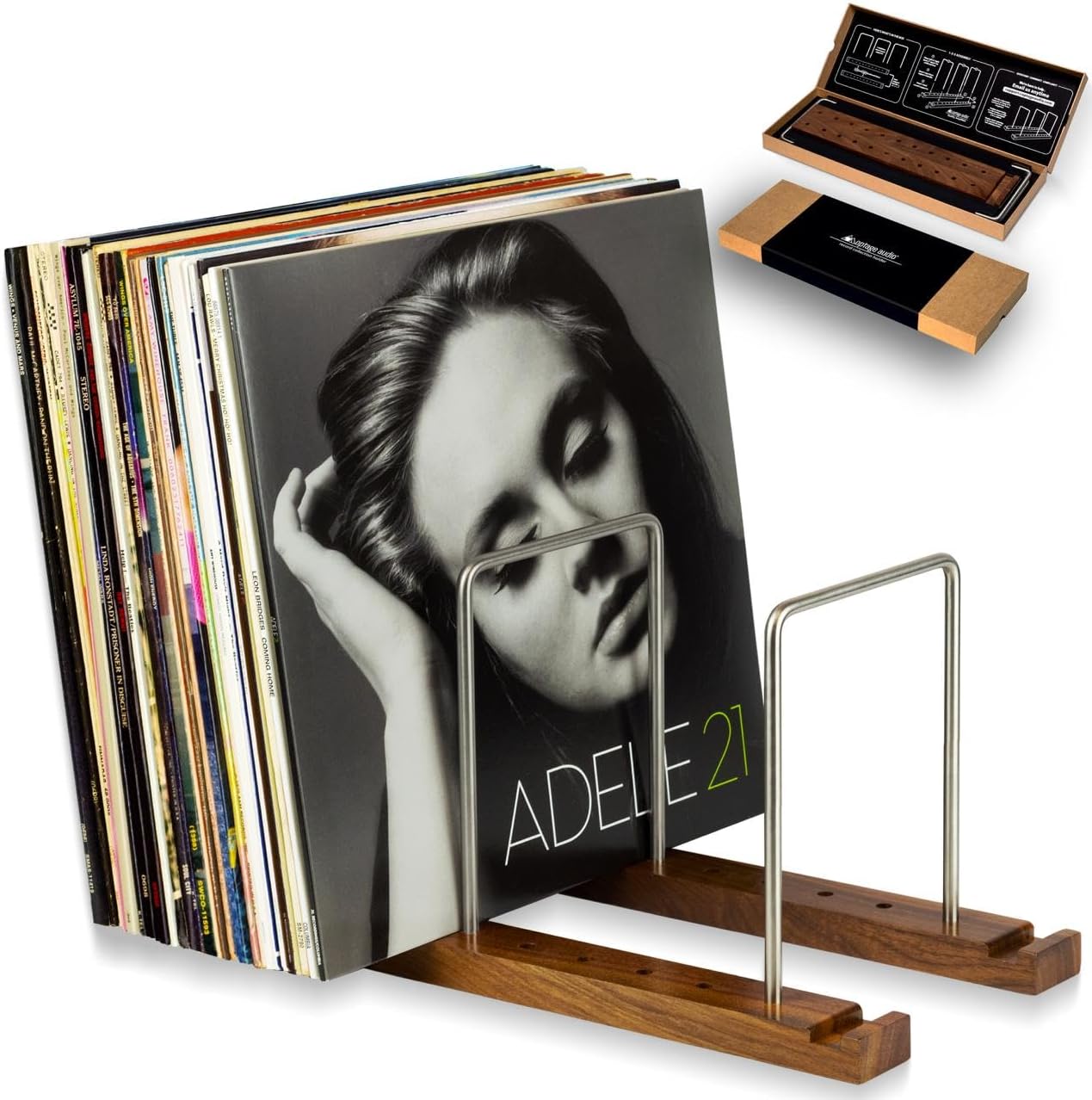 LP Vinyl Record Holder – Solid Walnut Wood & Stainless Steel LP Storage Stand with Now-Playing Display