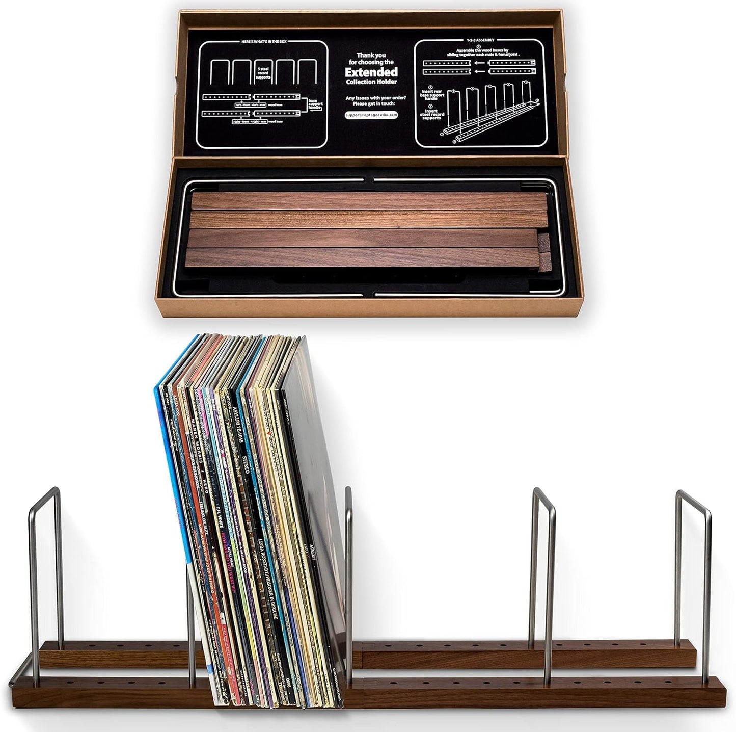 LP Vinyl Record Holder – Solid Walnut Wood & Stainless Steel LP Storage Stand with Now-Playing Display