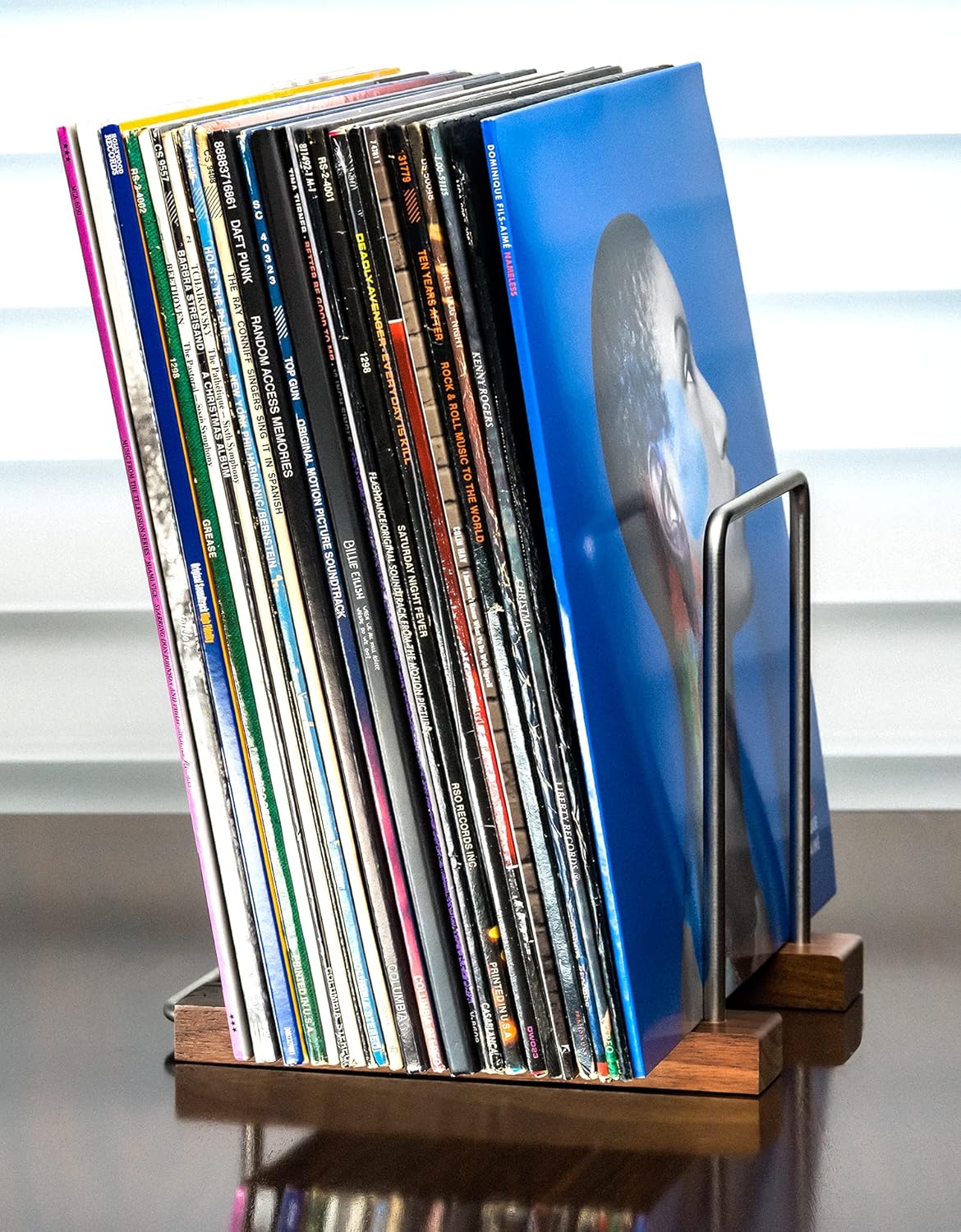 LP Vinyl Record Holder – Solid Walnut Wood & Stainless Steel LP Storage Stand with Now-Playing Display