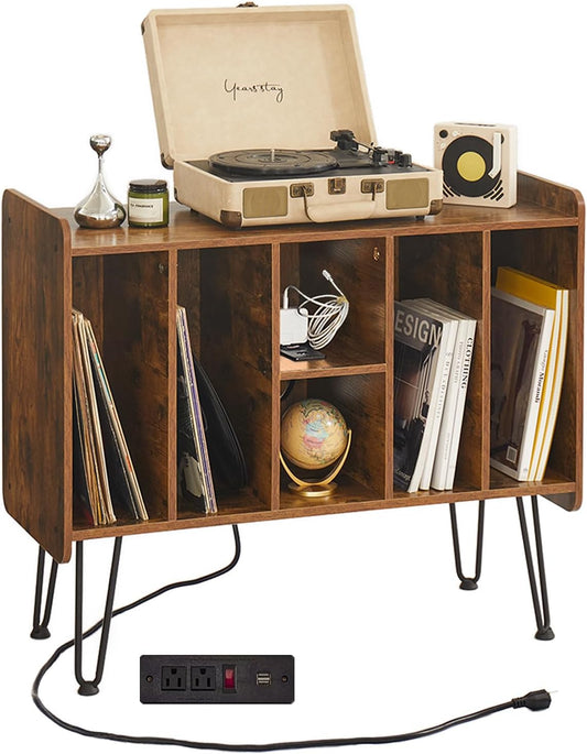 Large Record Player Stand with Vinyl Storage, USB & Power Ports, Holds Up to 200 Albums