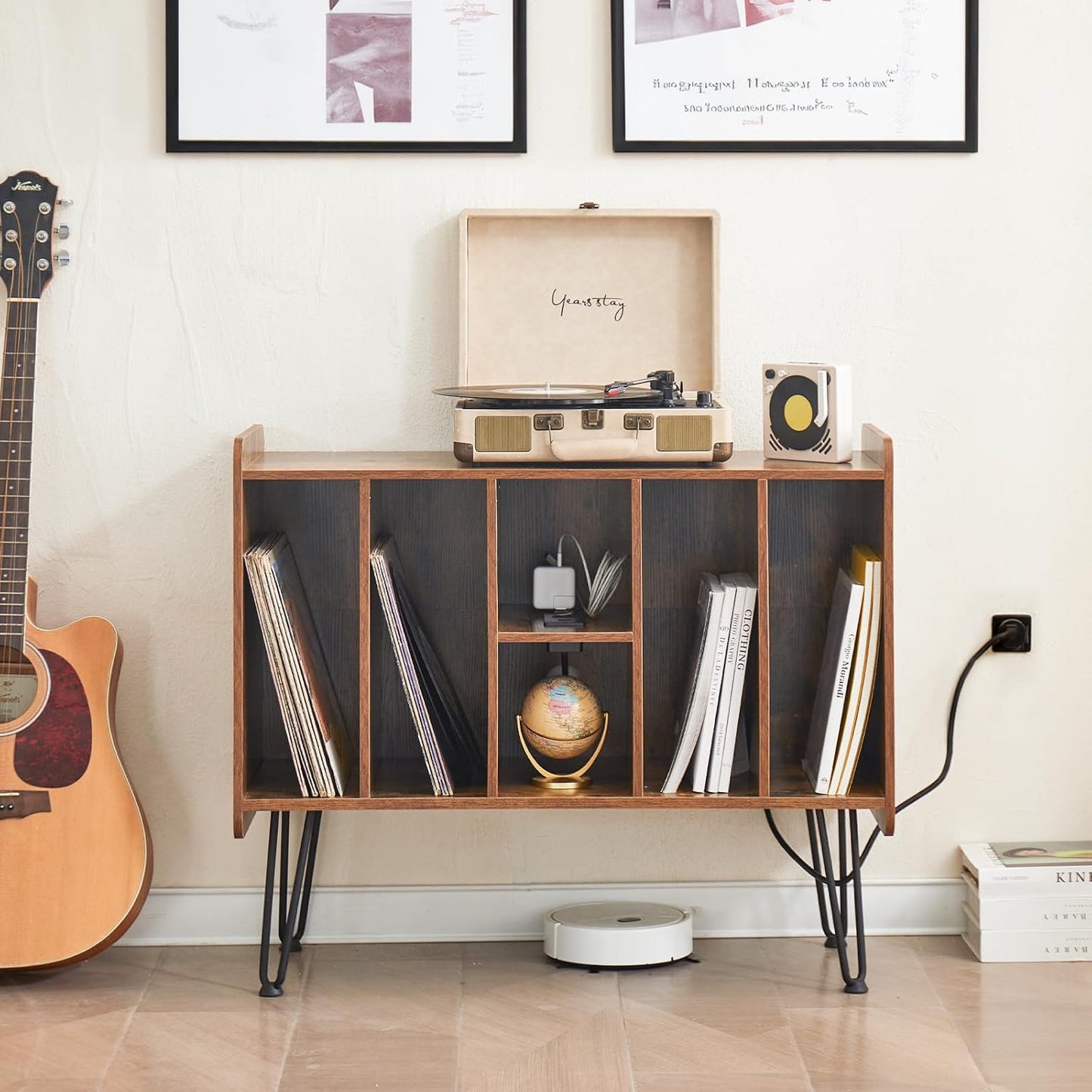 Large Record Player Stand with Vinyl Storage, USB & Power Ports, Holds Up to 200 Albums