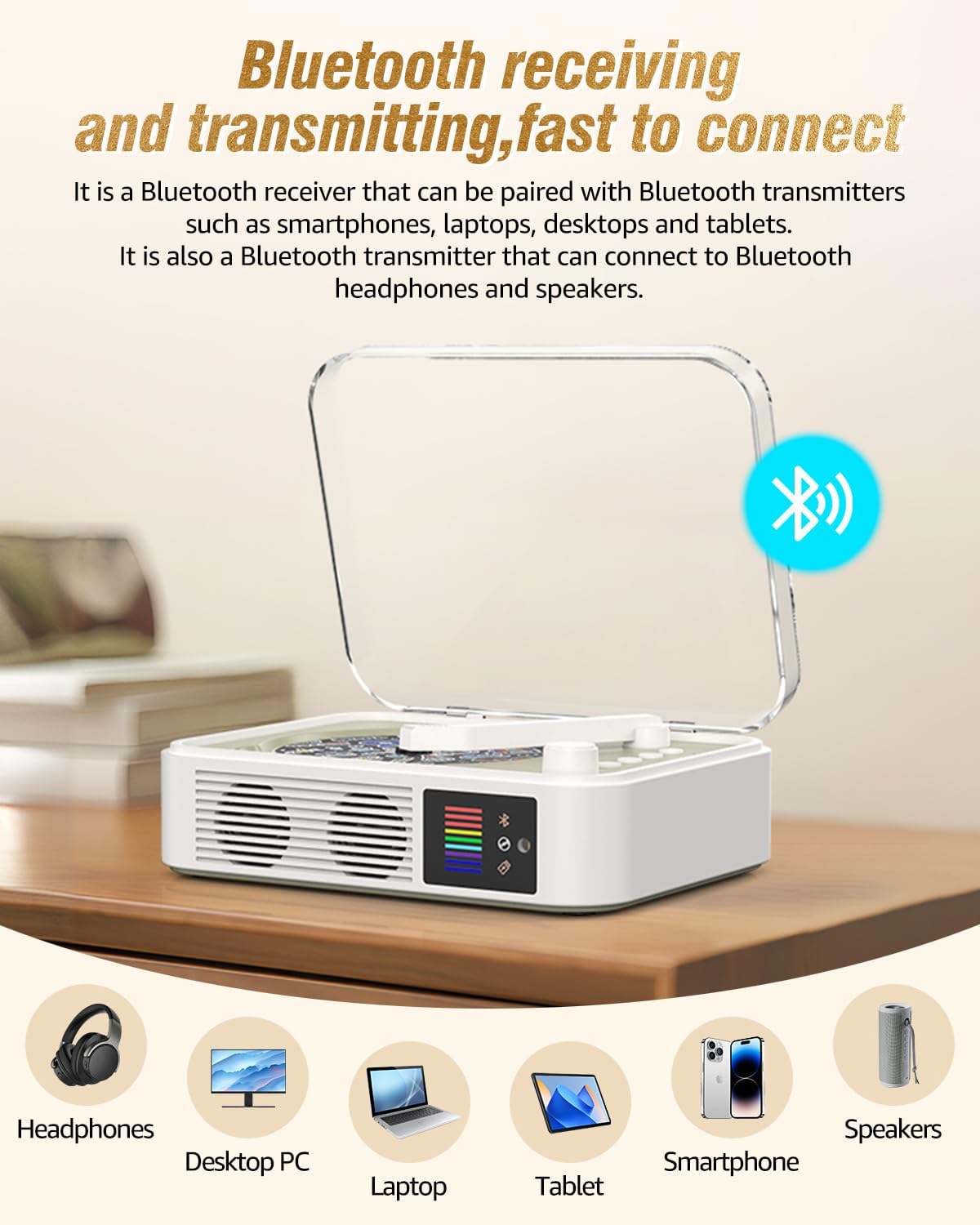 Portable Bluetooth CD Player – Desktop CD Player with Built-in Speakers, LED Spectrum Light, Rechargeable, USB & AUX