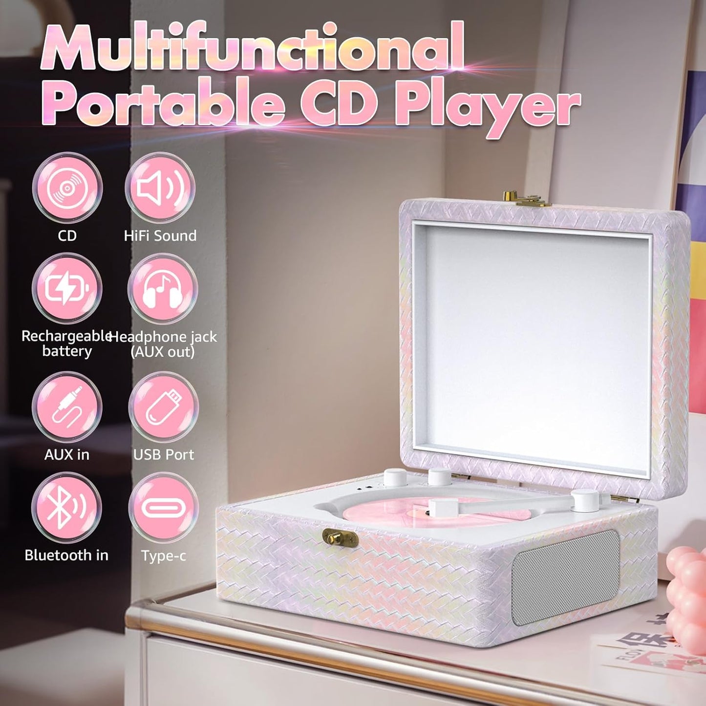 Portable Bluetooth CD Player – Desktop Vintage CD Player with Built-in Speakers, USB, AUX, Headphone Jack & Remote