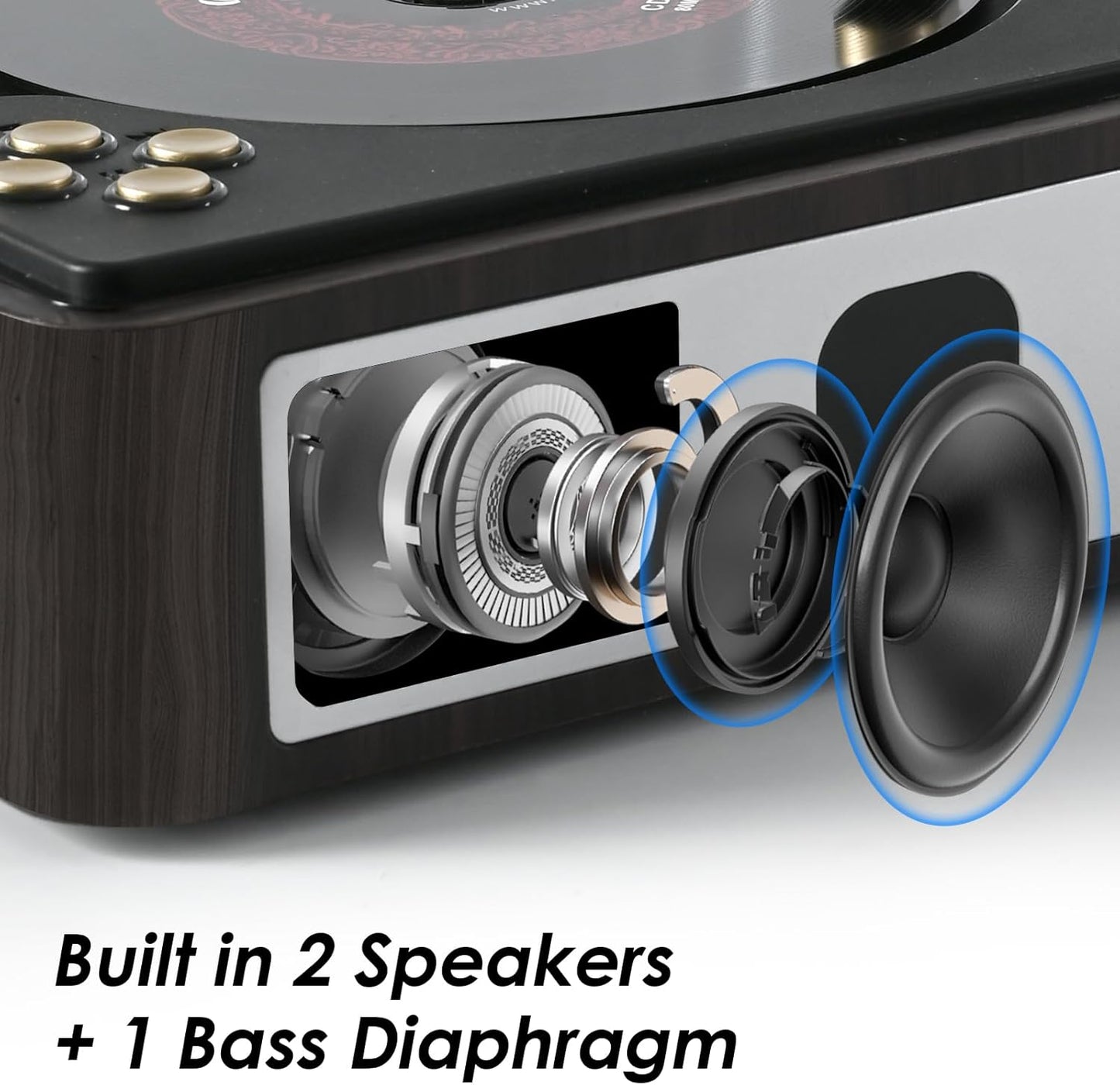 Portable CD Player with Bluetooth – Built-in Stereo Speakers, Rechargeable, Remote & AUX-in (Retro Design)