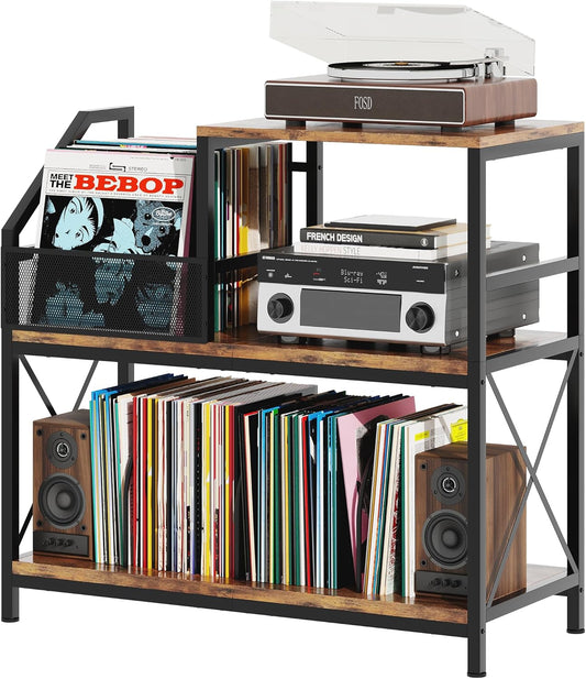 Record Player Stand with 3 Adjustable Dividers – Holds Up to 300 Vinyl Records, Vintage Turntable Cabinet for Living Room, Bedroom, Office