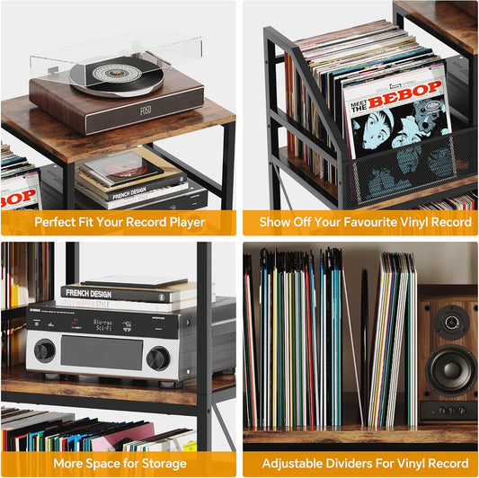 Record Player Stand with 3 Adjustable Dividers – Holds Up to 300 Vinyl Records, Vintage Turntable Cabinet for Living Room, Bedroom, Office