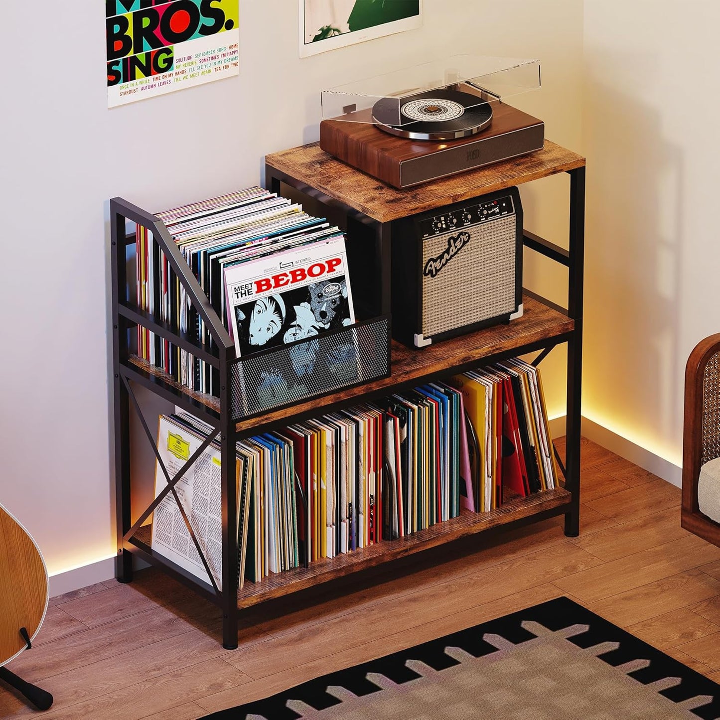 Record Player Stand with 3 Adjustable Dividers – Holds Up to 300 Vinyl Records, Vintage Turntable Cabinet for Living Room, Bedroom, Office