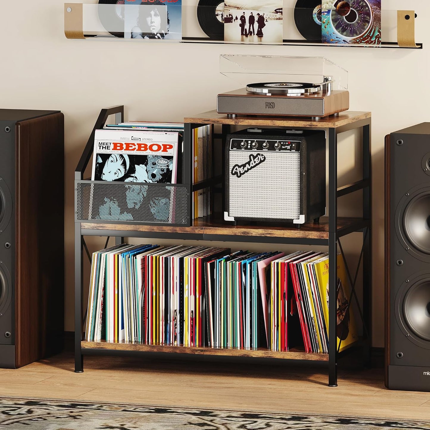 Record Player Stand with 3 Adjustable Dividers – Holds Up to 300 Vinyl Records, Vintage Turntable Cabinet for Living Room, Bedroom, Office