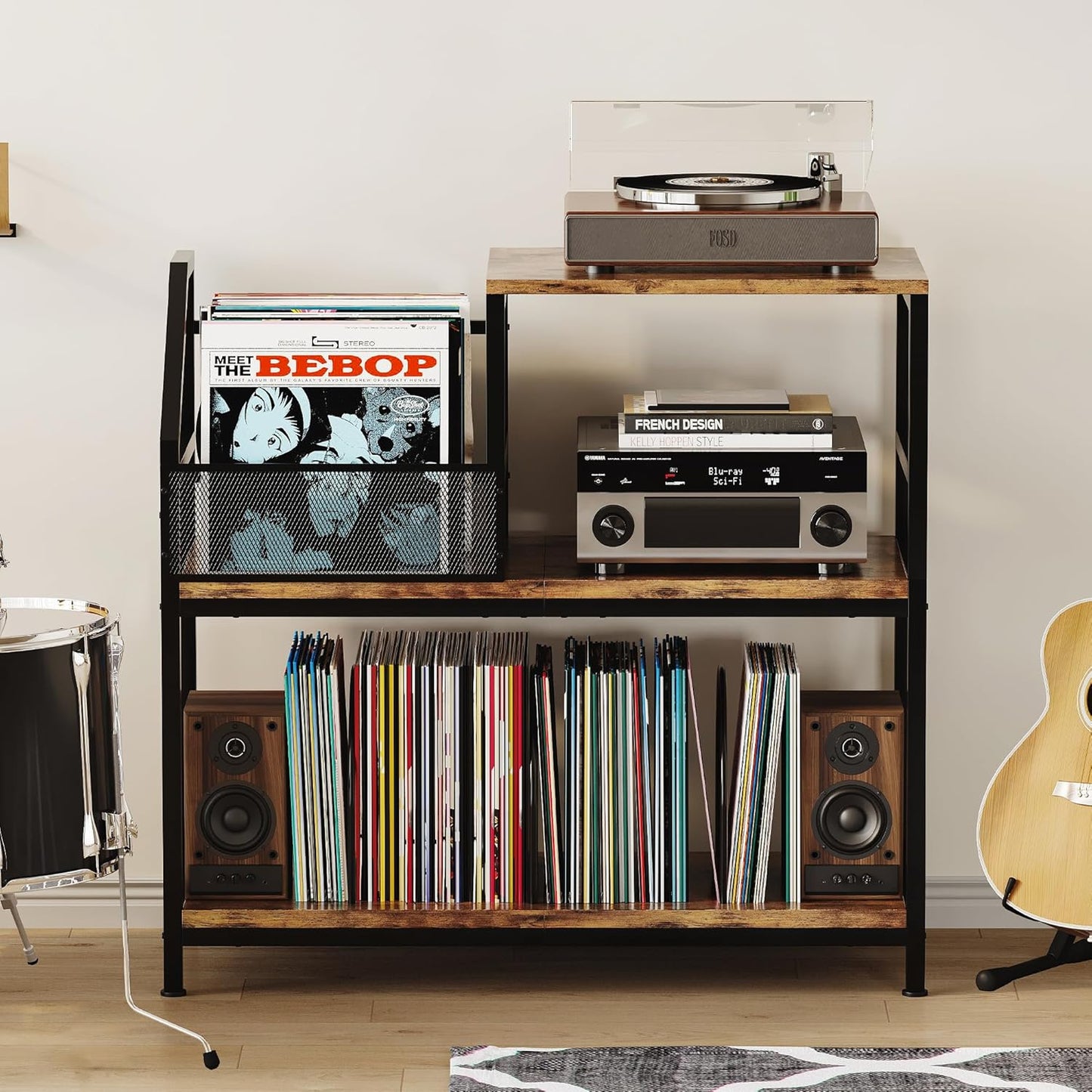Record Player Stand with 3 Adjustable Dividers – Holds Up to 300 Vinyl Records, Vintage Turntable Cabinet for Living Room, Bedroom, Office