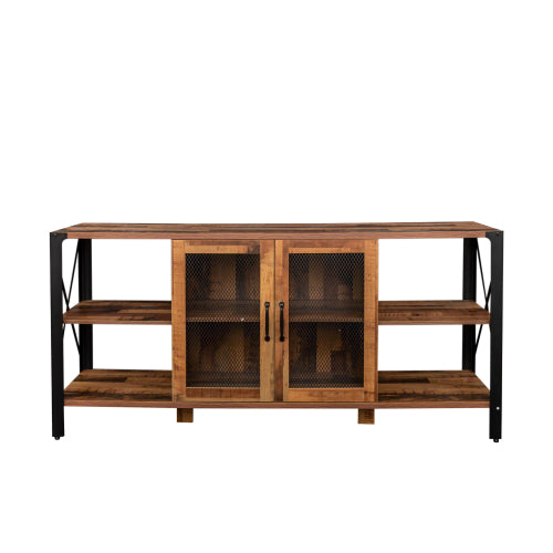 Industrial TV Stand for Living Room, Farmhouse Entertainment Center for 80 Inch TV, Walnut Wood and Metal Bookshelf Style Cabinet