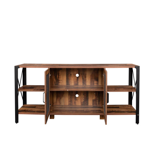 Industrial TV Stand for Living Room, Farmhouse Entertainment Center for 80 Inch TV, Walnut Wood and Metal Bookshelf Style Cabinet