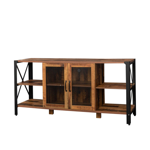 Industrial TV Stand for Living Room, Farmhouse Entertainment Center for 80 Inch TV, Walnut Wood and Metal Bookshelf Style Cabinet