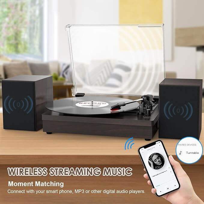 Vinyl Record Player with Dual Speakers, Black, Wireless Connectivity by WOCKODER