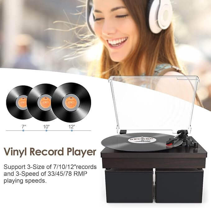 Vinyl Record Player with Dual Speakers, Black, Wireless Connectivity by WOCKODER