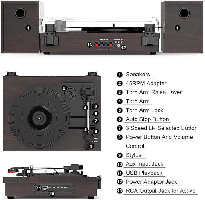 Vinyl Record Player with Dual Speakers, Black, Wireless Connectivity by WOCKODER