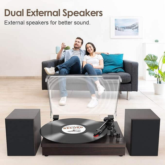 Vinyl Record Player with Dual Speakers, Black, Wireless Connectivity by WOCKODER