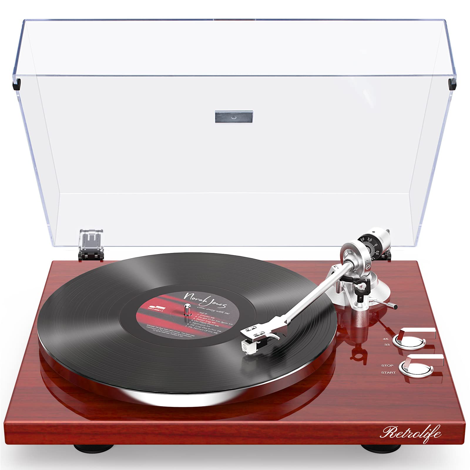 Bluetooth Turntable with High Fidelity Sound - Wood Red, MM Cartridge by Retrolife