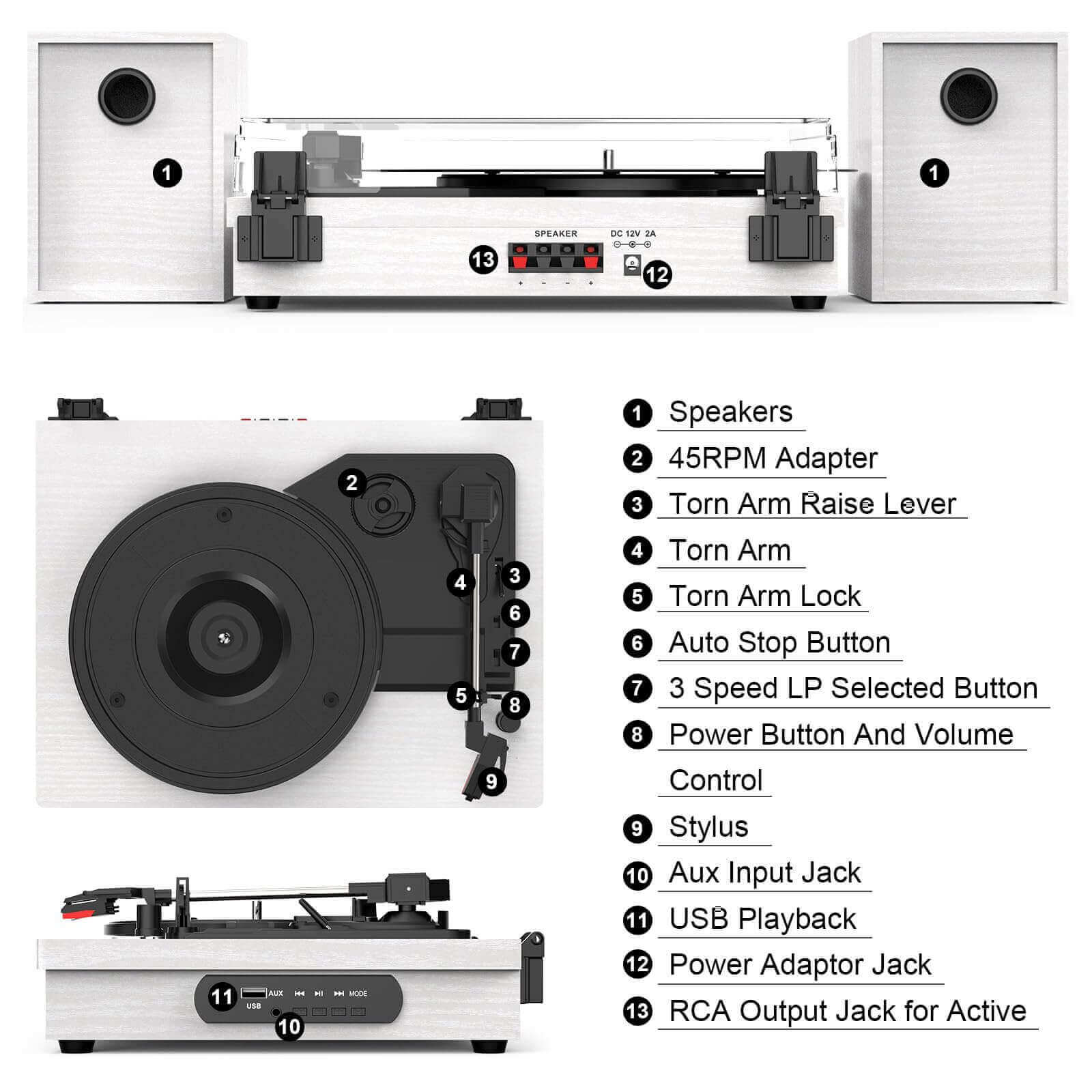 Vinyl Record Player with Dual External Speakers, White R612-2