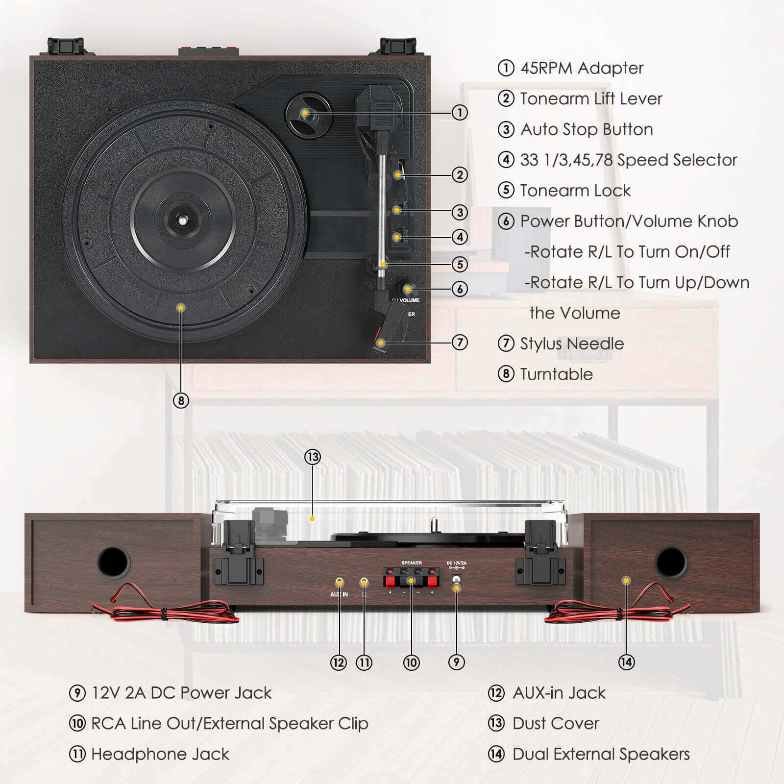 Vinyl Record Player with External Speakers, Brown, Auto Stop by RETROLIFE