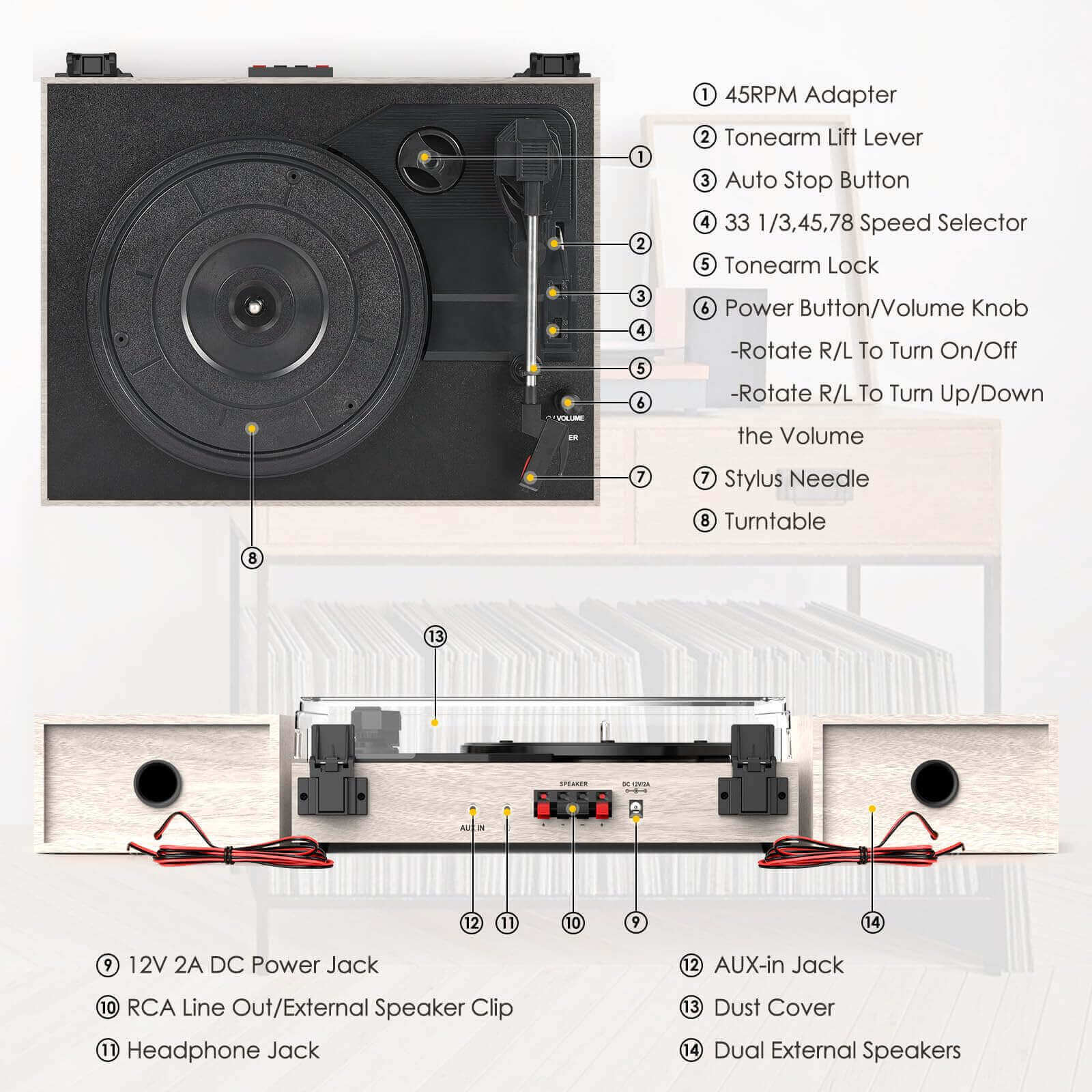 Vinyl Record Player with External Speakers, White, Auto Stop by RETROLIFE