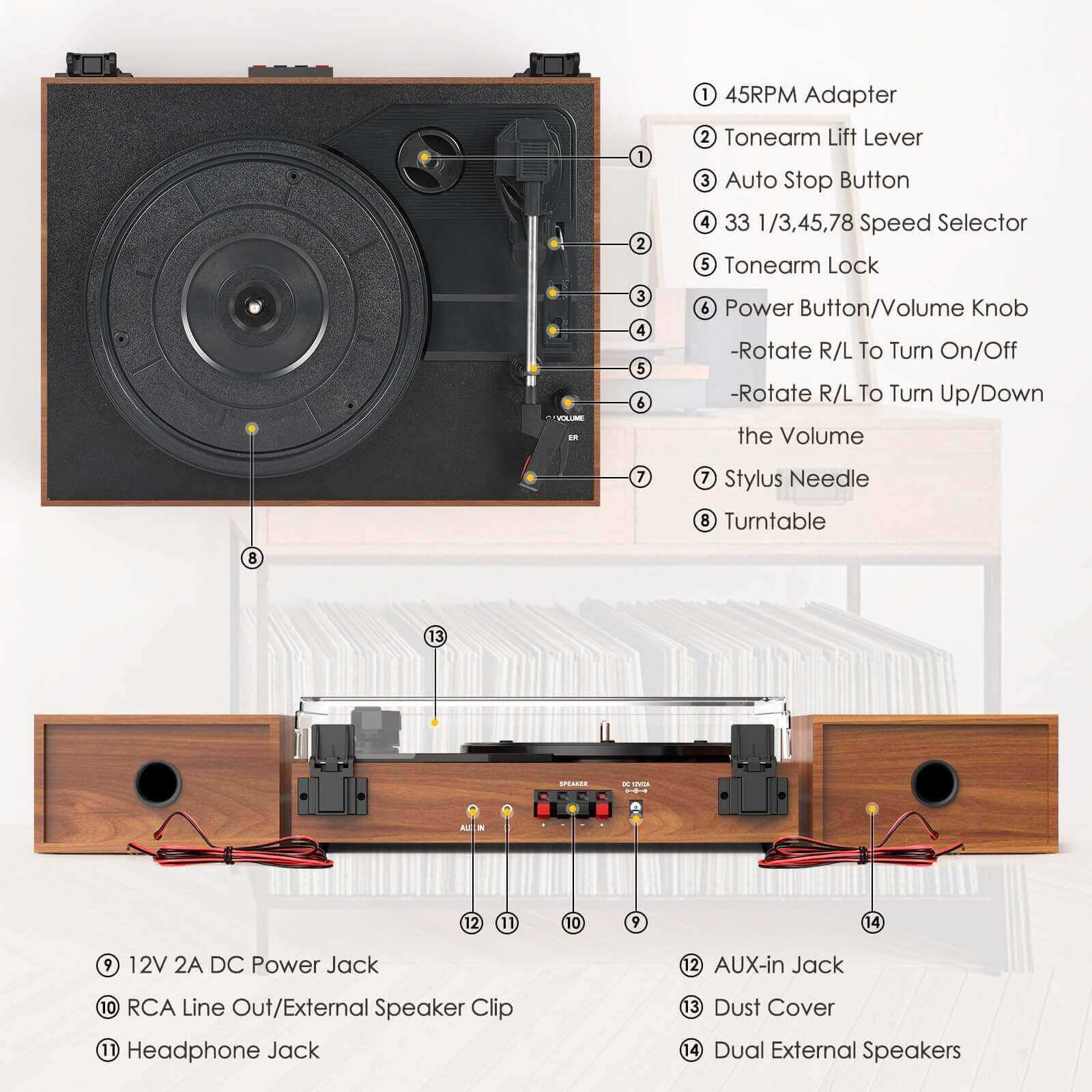 Vinyl Record Player with External Speakers, Walnut Red, Auto Stop by RETROLIFE