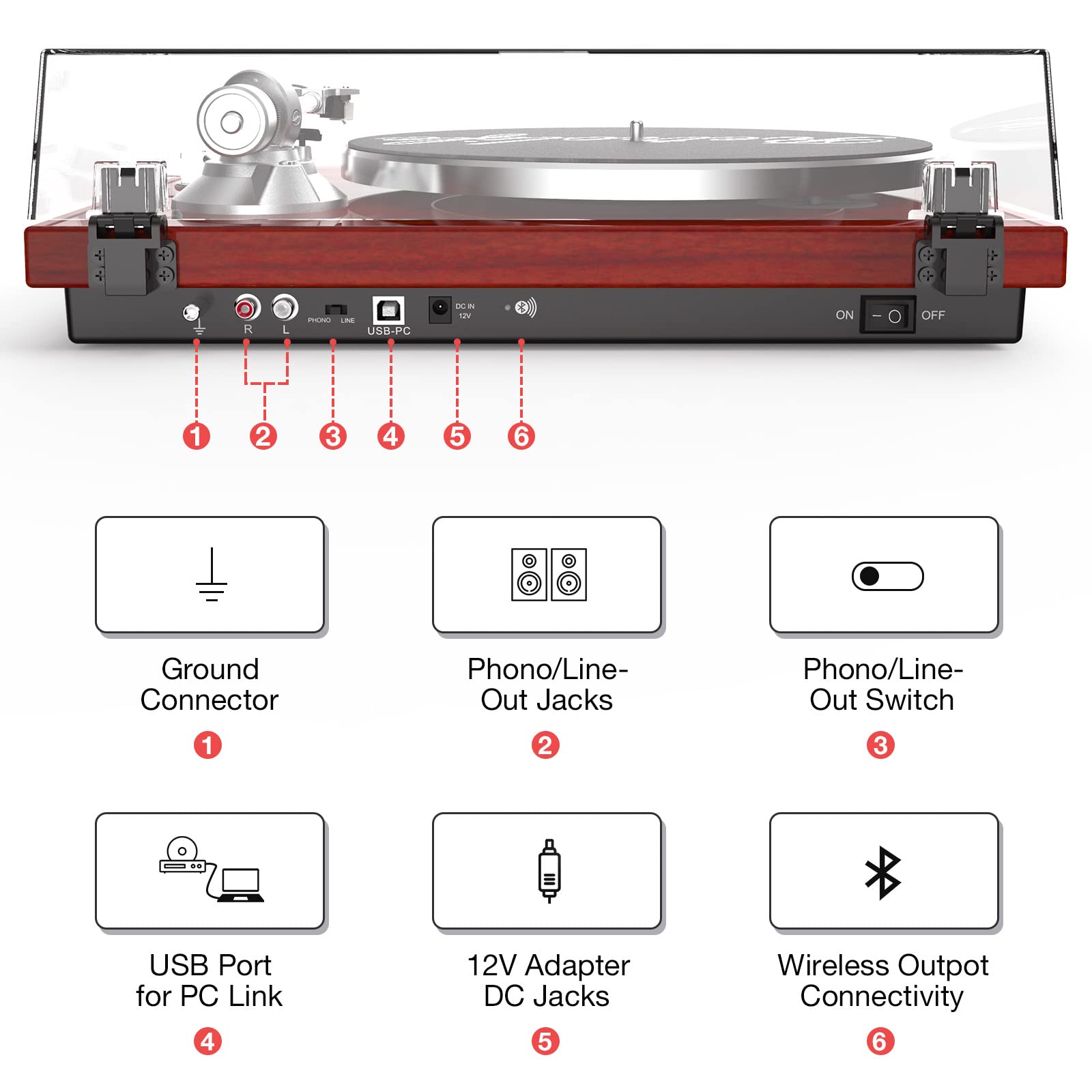 Bluetooth Turntable with High Fidelity Sound ,Wood Red, HQKZ-006