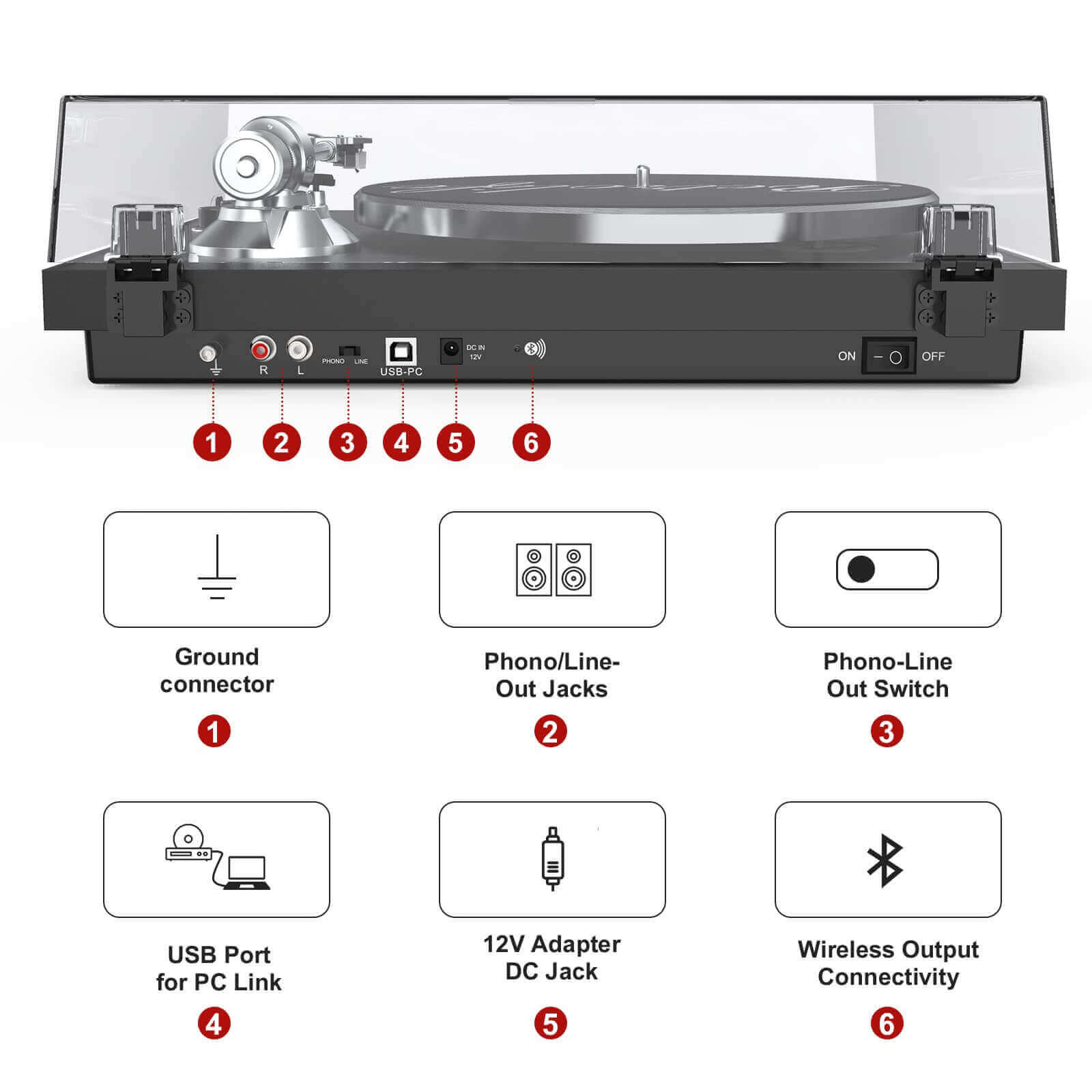 Bluetooth Turntable with High Fidelity Sound - Black, MM Cartridge by Retrolife