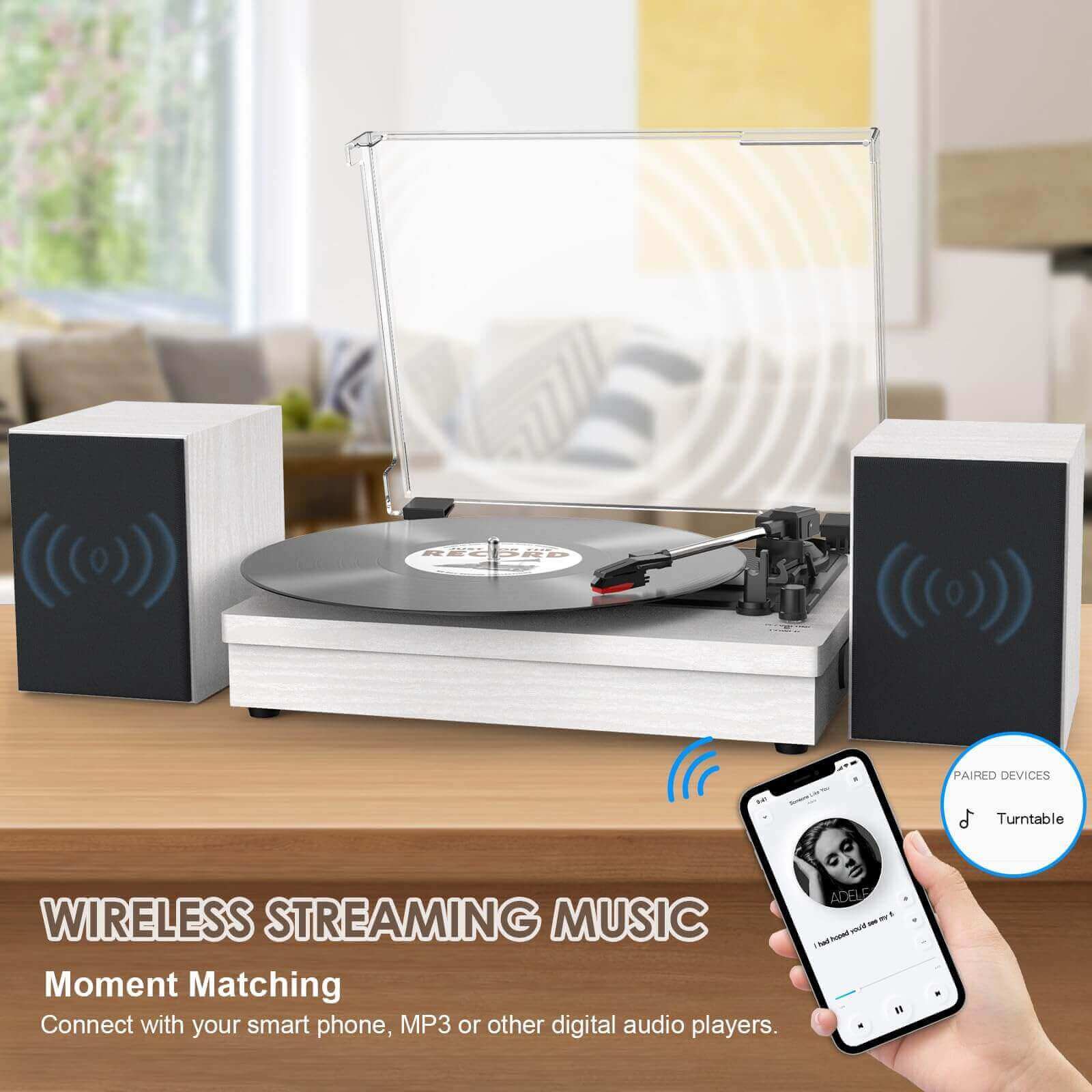 Vinyl Record Player with Dual Speakers, White, Wireless Connectivity by WOCKODER