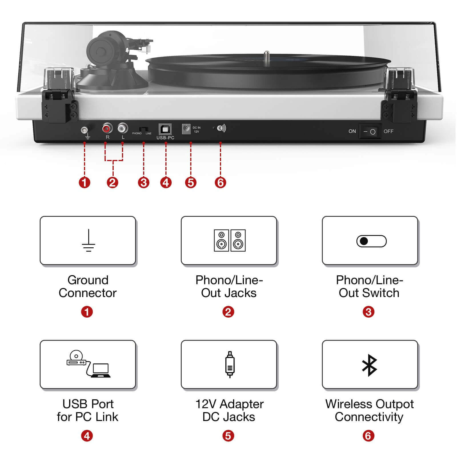 Bluetooth Turntable with High Fidelity Sound - White, MM Cartridge by Retrolife