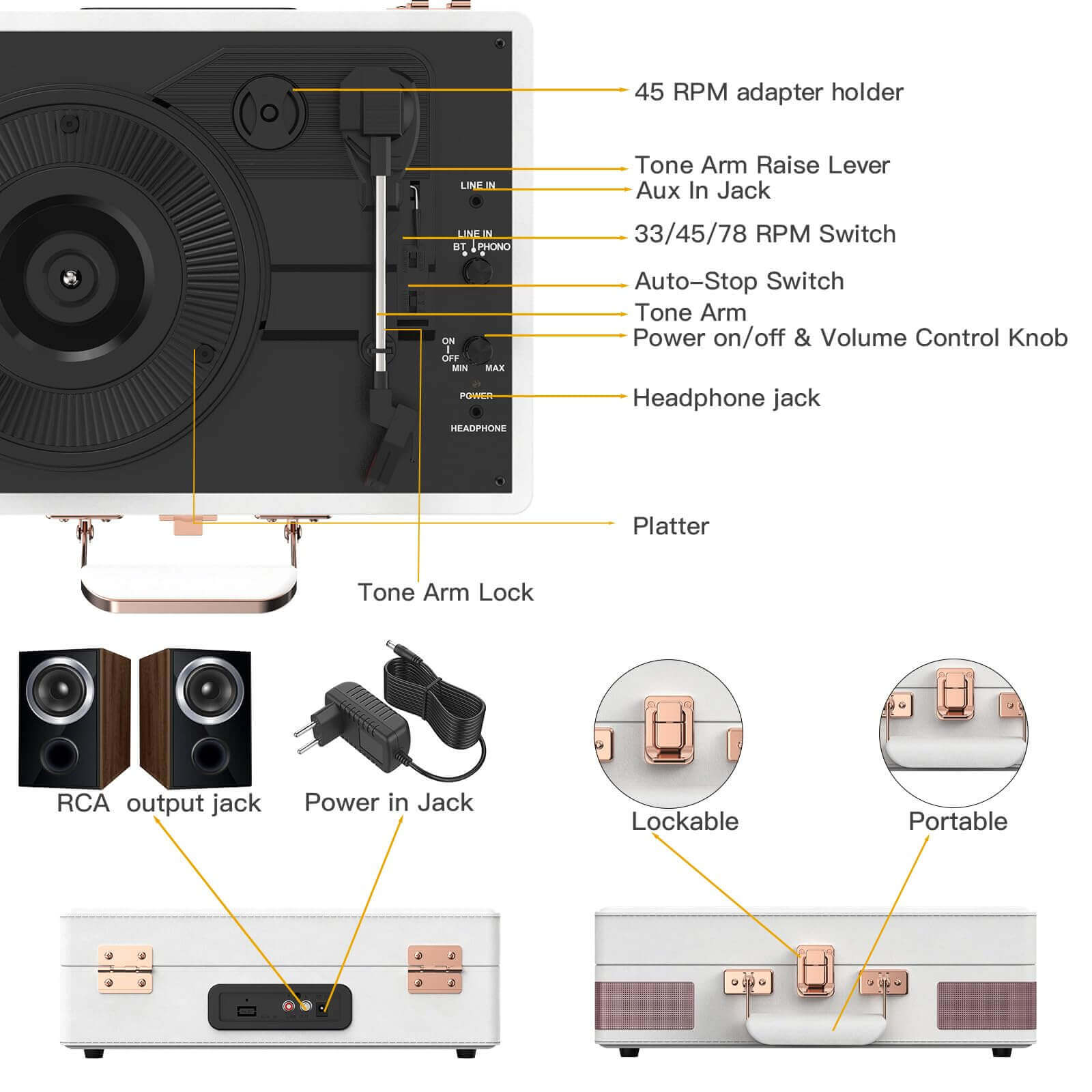 Suitcase Bluetooth Record Player - White 3-Speed with Enhanced Audio by RETROLIFE