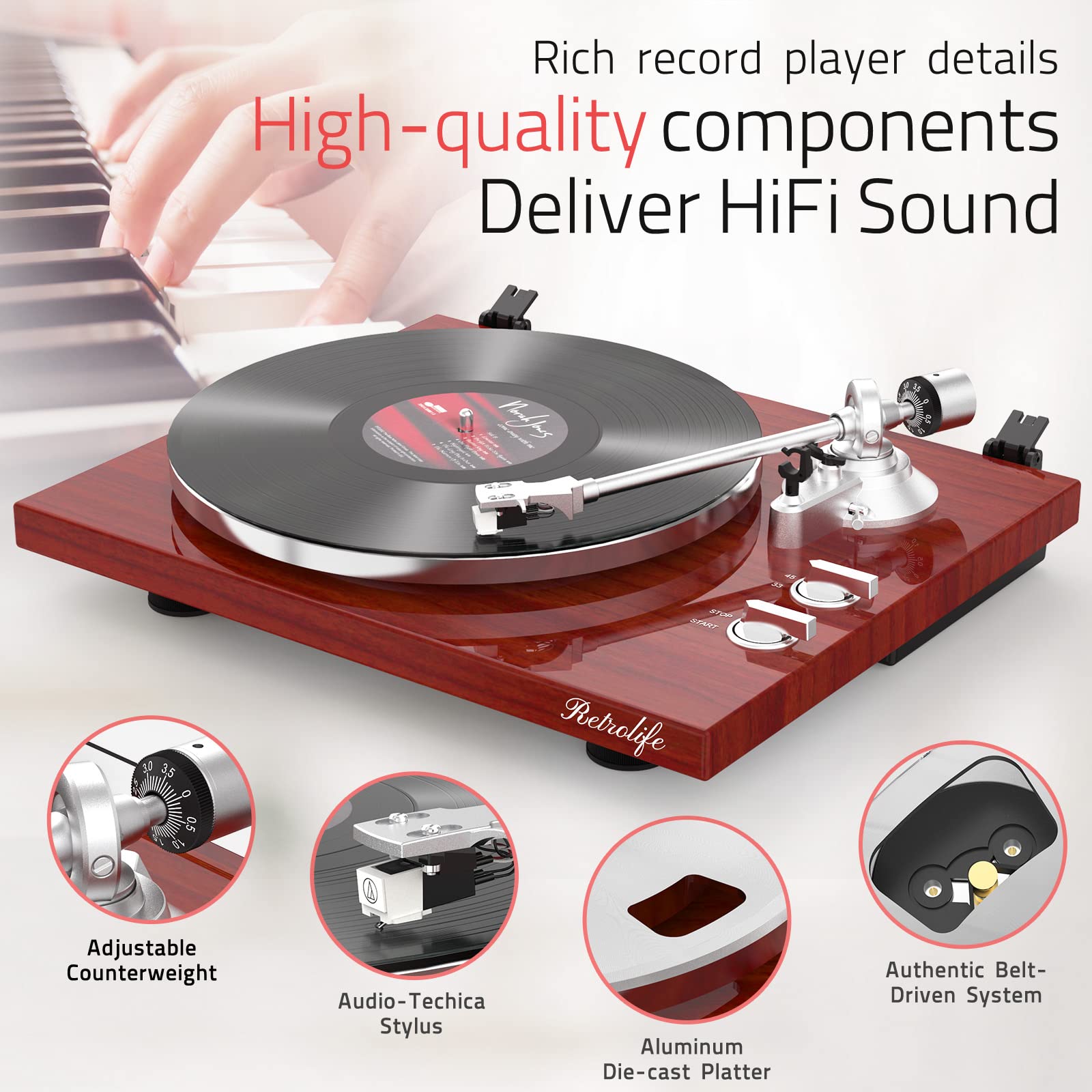 Bluetooth Turntable with High Fidelity Sound - Wood Red, MM Cartridge by Retrolife