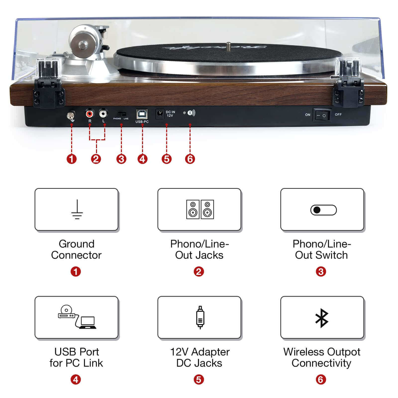 Bluetooth Turntable with High Fidelity Sound - Brown, MM Cartridge by Retrolife