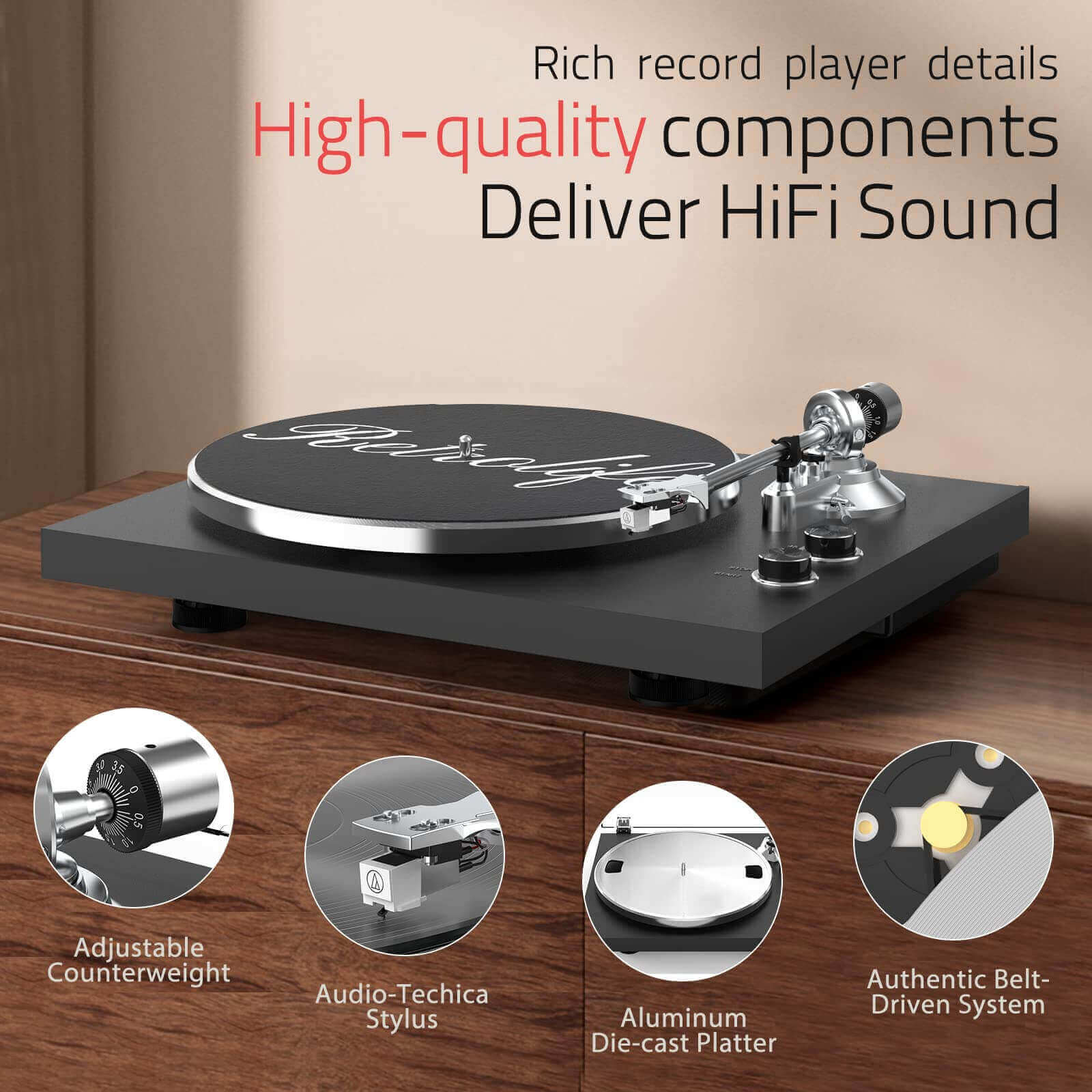 Bluetooth Turntable with High Fidelity Sound - Black, MM Cartridge by Retrolife