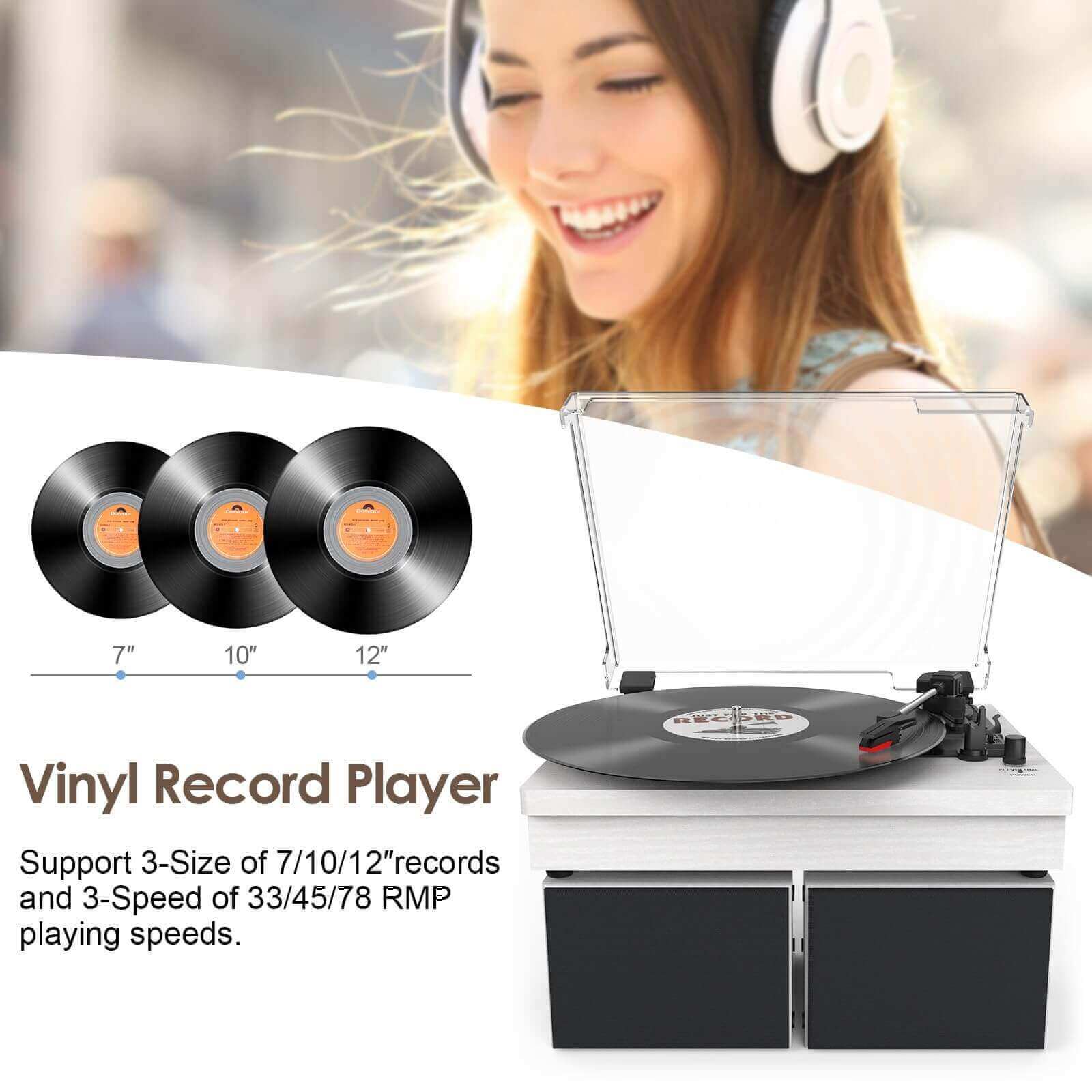 Vinyl Record Player with Dual Speakers, White, Wireless Connectivity by WOCKODER