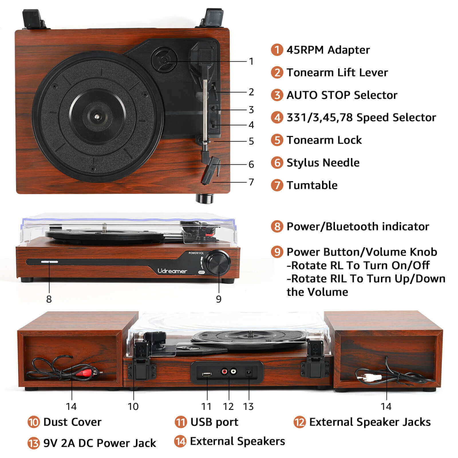 Vinyl Turntable with Dual External Speakers, Brown UD0012