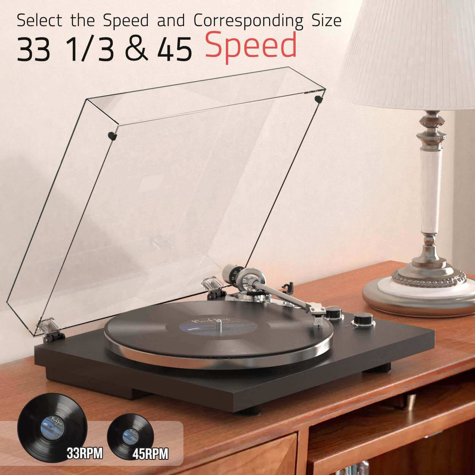 Bluetooth Turntable with High Fidelity Sound - Black, MM Cartridge by Retrolife