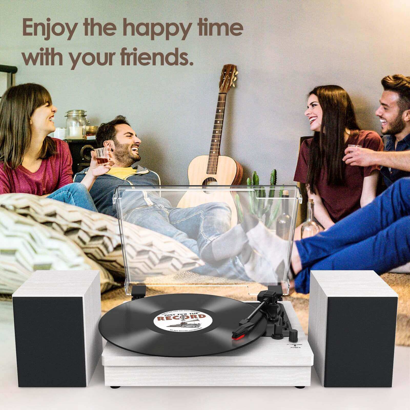 Vinyl Record Player with Dual Speakers, White, Wireless Connectivity by WOCKODER